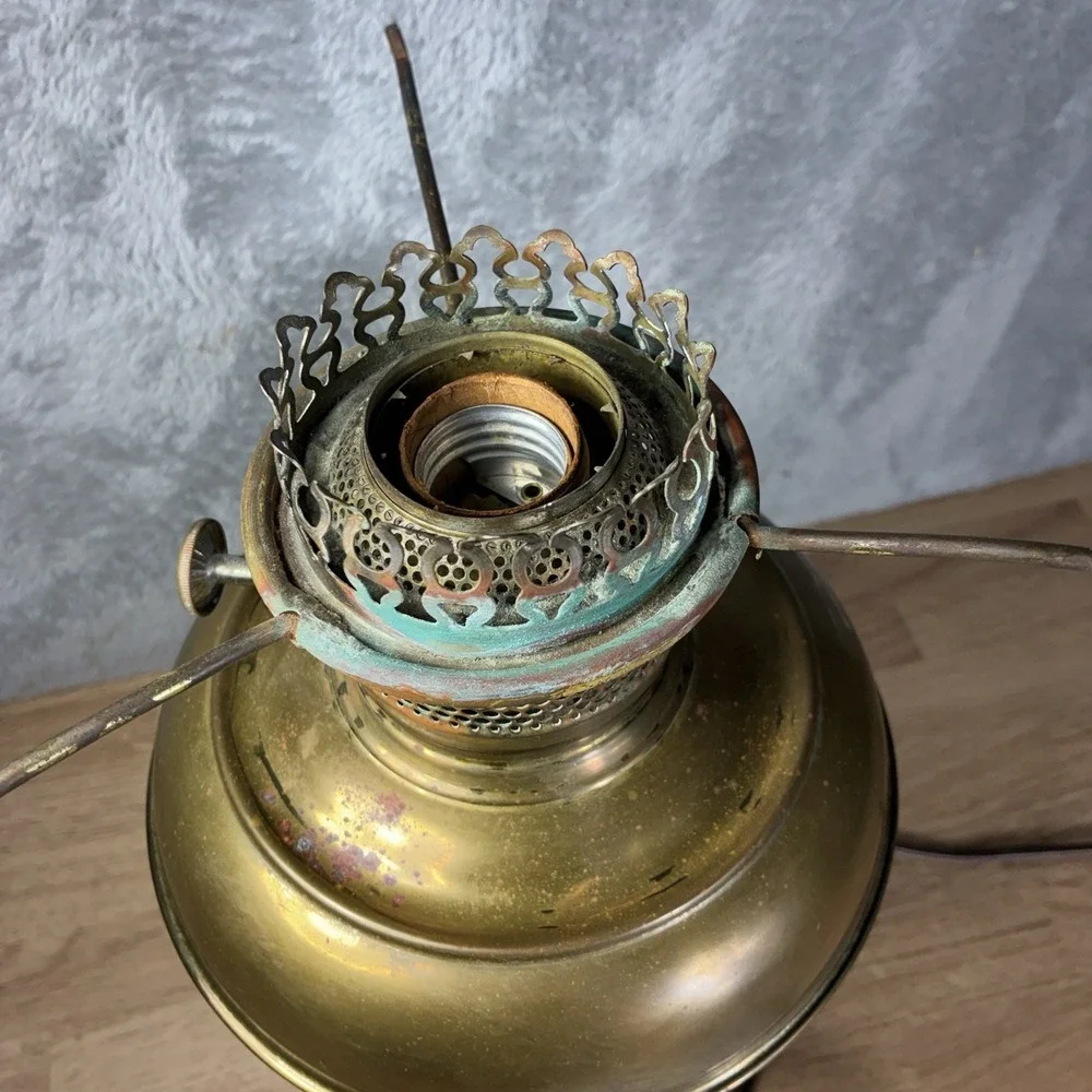 Vintage Brass Rayo Electrified Oil Lamp-Glass Chimney & White Milk Glass Shade